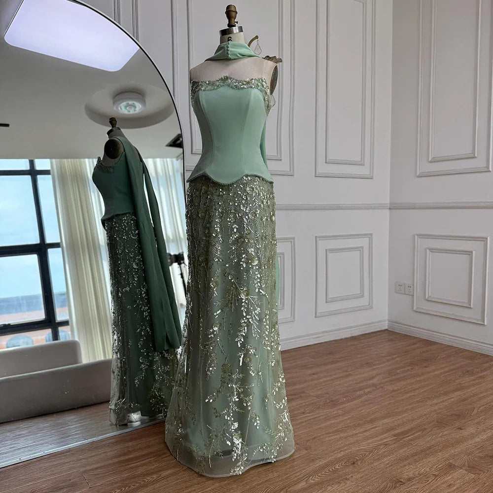 Luxury Sage Green   Beaded Mermaid Evening Dress LA73050C