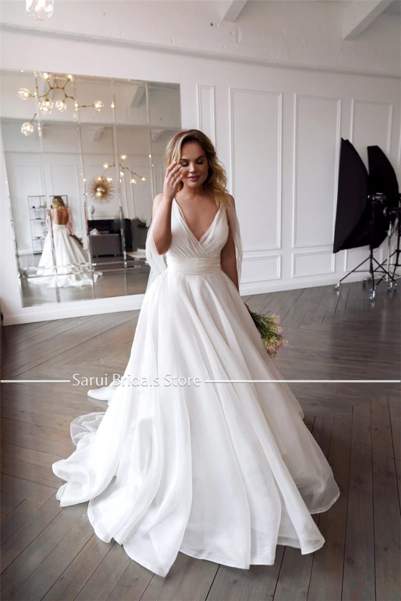 Custom Plus Size Organza Tulle Wedding Dress V Neck Backless Bridal Gown