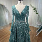 Serene Hill Turquoise Muslim V Neck Long Sleeve Beaded Evening Dress