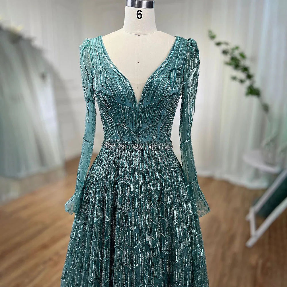 Serene Hill Turquoise Muslim V Neck Long Sleeve Beaded Evening Dress