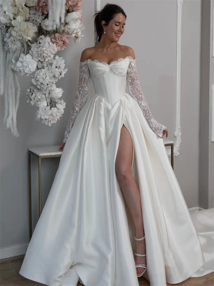 Custom Off Shoulder Satin A Line Wedding Gown Lace Up Back Side Slit