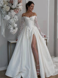 Custom Off Shoulder Satin A Line Wedding Gown Lace Up Back Side Slit