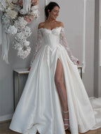 Custom Off Shoulder Satin A Line Wedding Gown Lace Up Back Side Slit