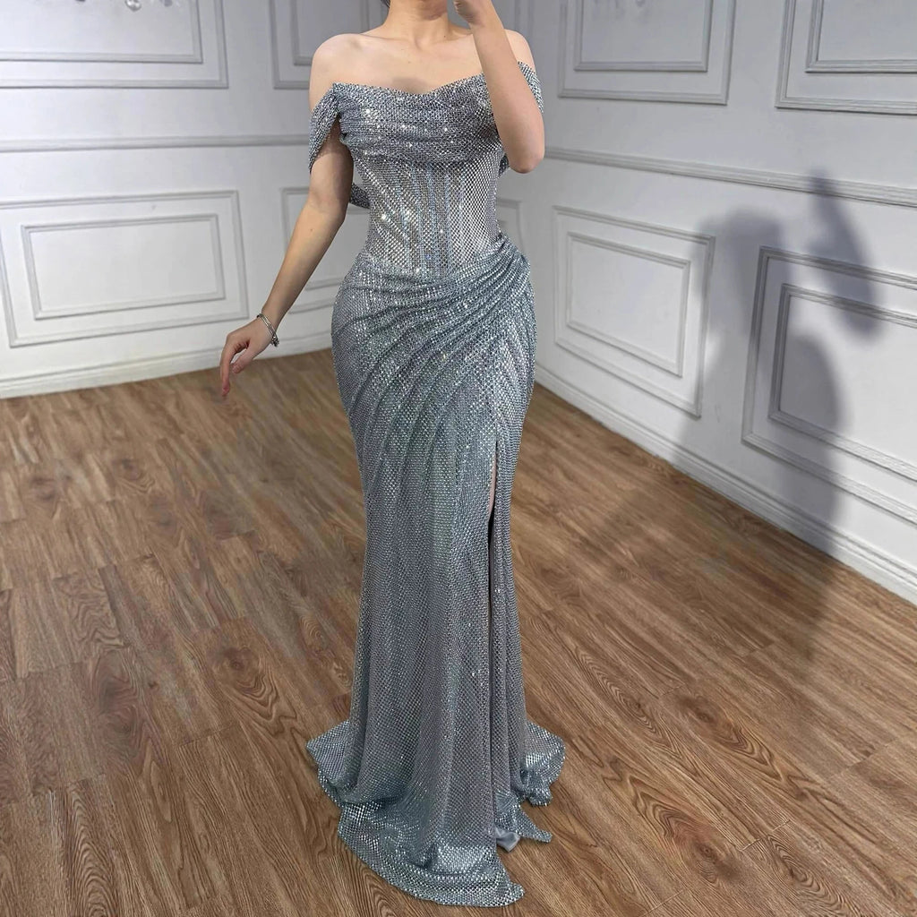 Silver Off Shoulder Mermaid Sparkle Evening Dress for Women Wedding Party Gown