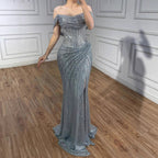 Silver Off Shoulder Mermaid Sparkle Evening Dress for Women Wedding Party Gown