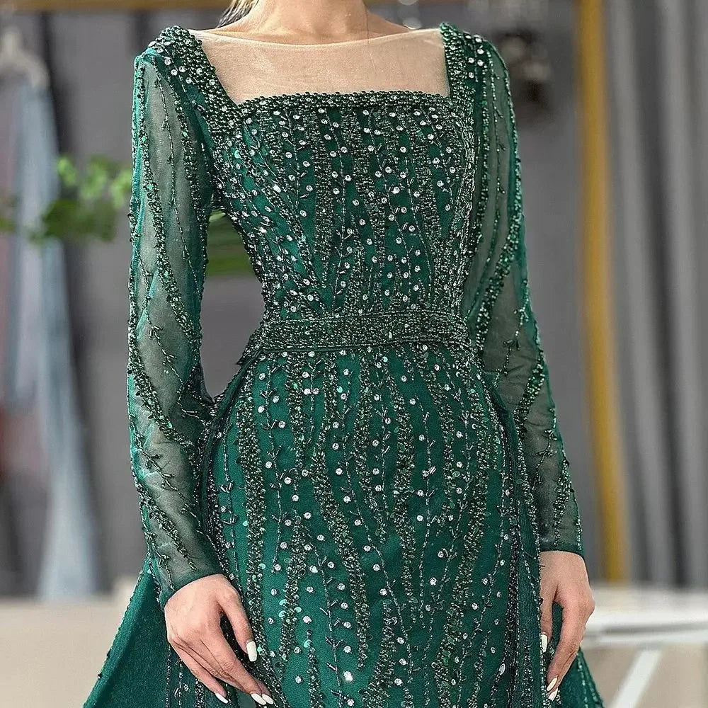 Serene Hill Wine Red Long Sleeve Mermaid Beaded Evening Dress For Women