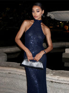 Sexy Halter Backless Long Dress Women Solid Sequin Sleeveless High Waist Slim Fit Dresses 2025 Lady Chic New Evening Party Robes