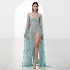 Sharon Said Luxus Dubai Aqua Flieder Meerjungfrau Abendkleid mit Umhangärmel und Überkreuzung Damen Hochzeitsfestkleid SS391 Maßgeschneidert