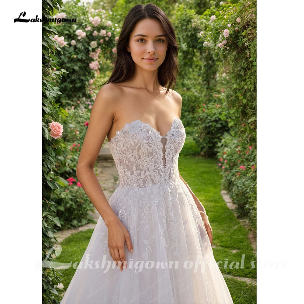 Custom Boho Strapless Sweetheart Corset Wedding Dress Lace A Line Bridal Gown