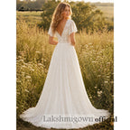 Lakshmigown Boho Beach Chiffon Wedding Dress With Lace Appliques Custom Gown