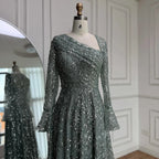Turquoise Beaded A Line Evening Dress With Long Sleeves For Women Custom