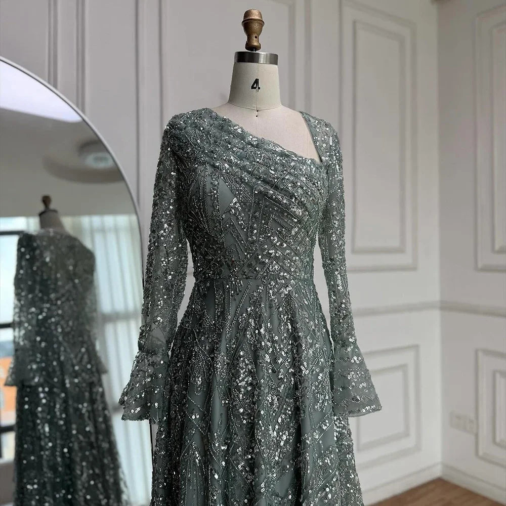 Turquoise Beaded A Line Evening Dress With Long Sleeves For Women Custom