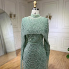 Serene Hill Custom Sage Green Long Sleeve Muslim Cape Evening Gown For Women