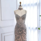 Custom Silver Beaded Mermaid Evening Dress With Cape Wedding Gown