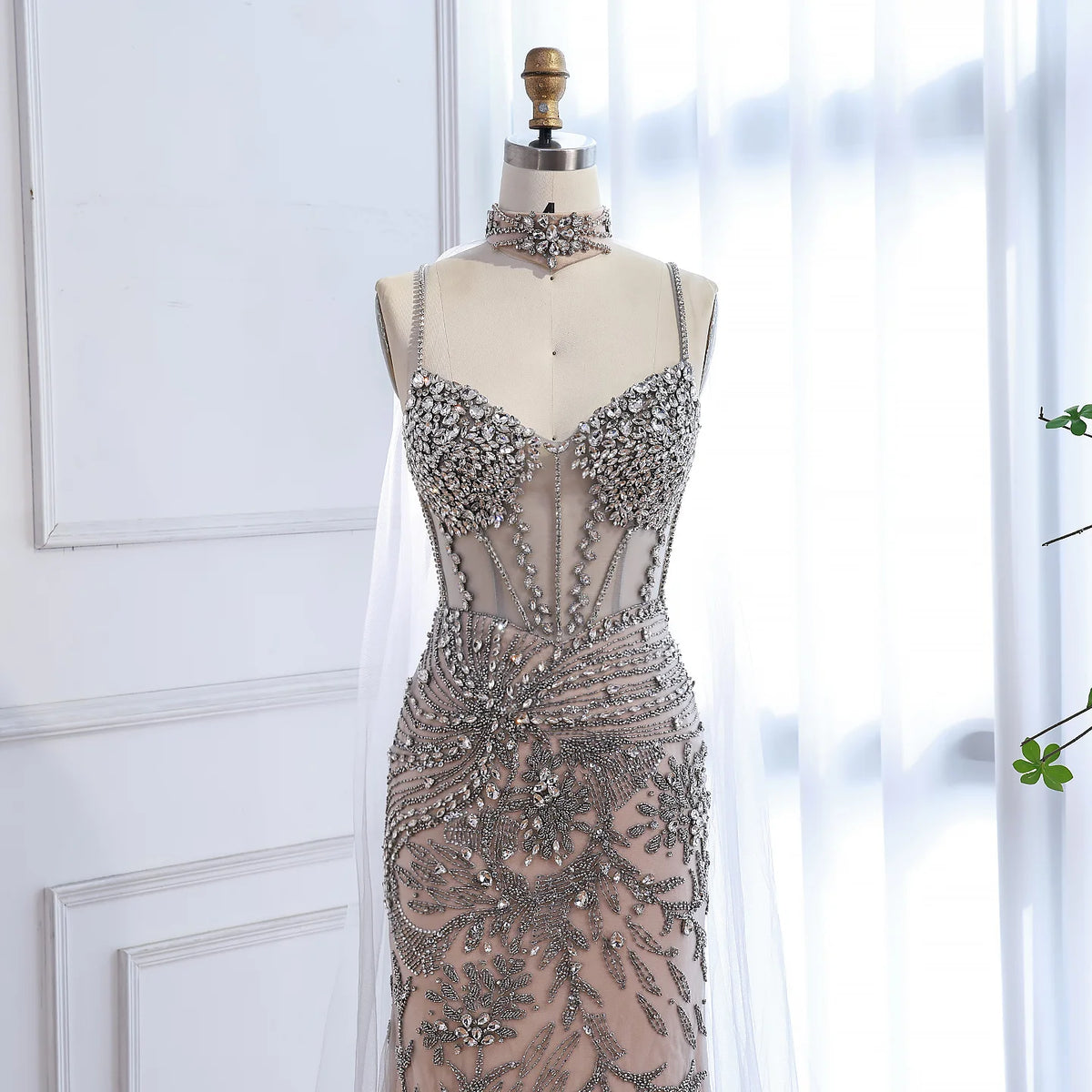 Custom Silver Beaded Mermaid Evening Dress With Cape Wedding Gown