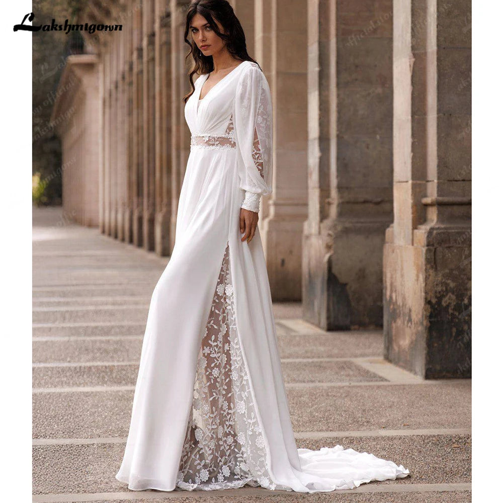 Custom Chiffon Bridal Gown 2026 Puff Sleeve Lace A Line Wedding Dress