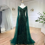 Custom Black Mermaid Evening Dress With Cape Sleeves And Beaded Feathers