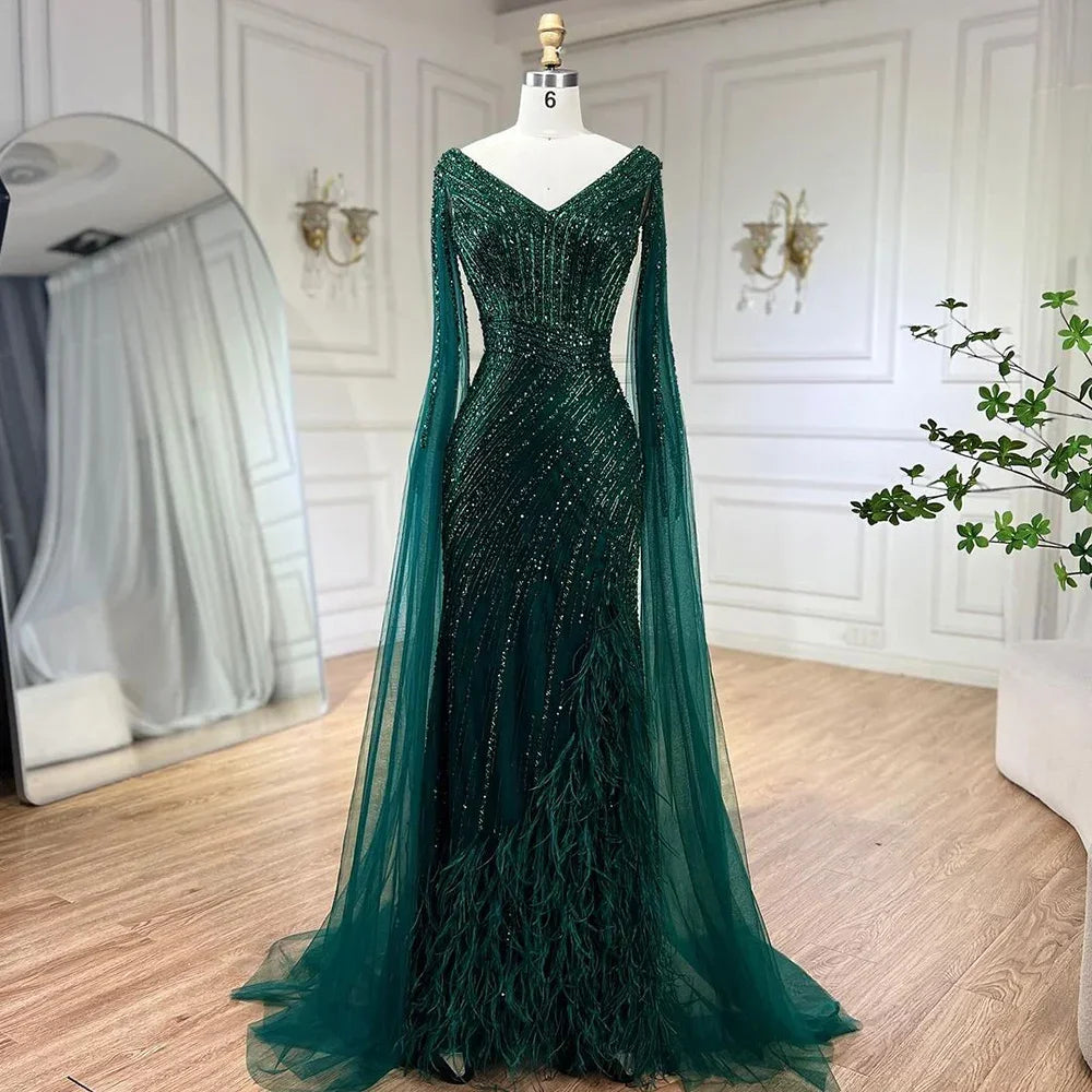 Custom Black Mermaid Evening Dress With Cape Sleeves And Beaded Feathers