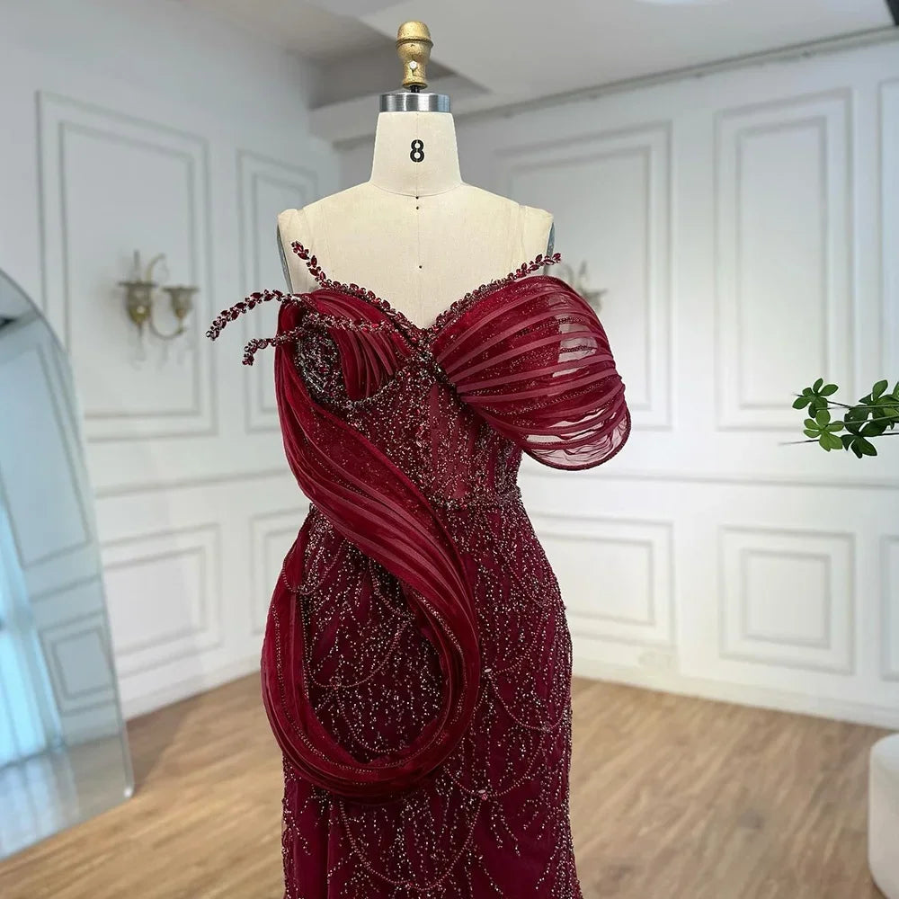 Wine Red Mermaid One Shoulder Beaded Evening Gown For Women Custom Party Dress
