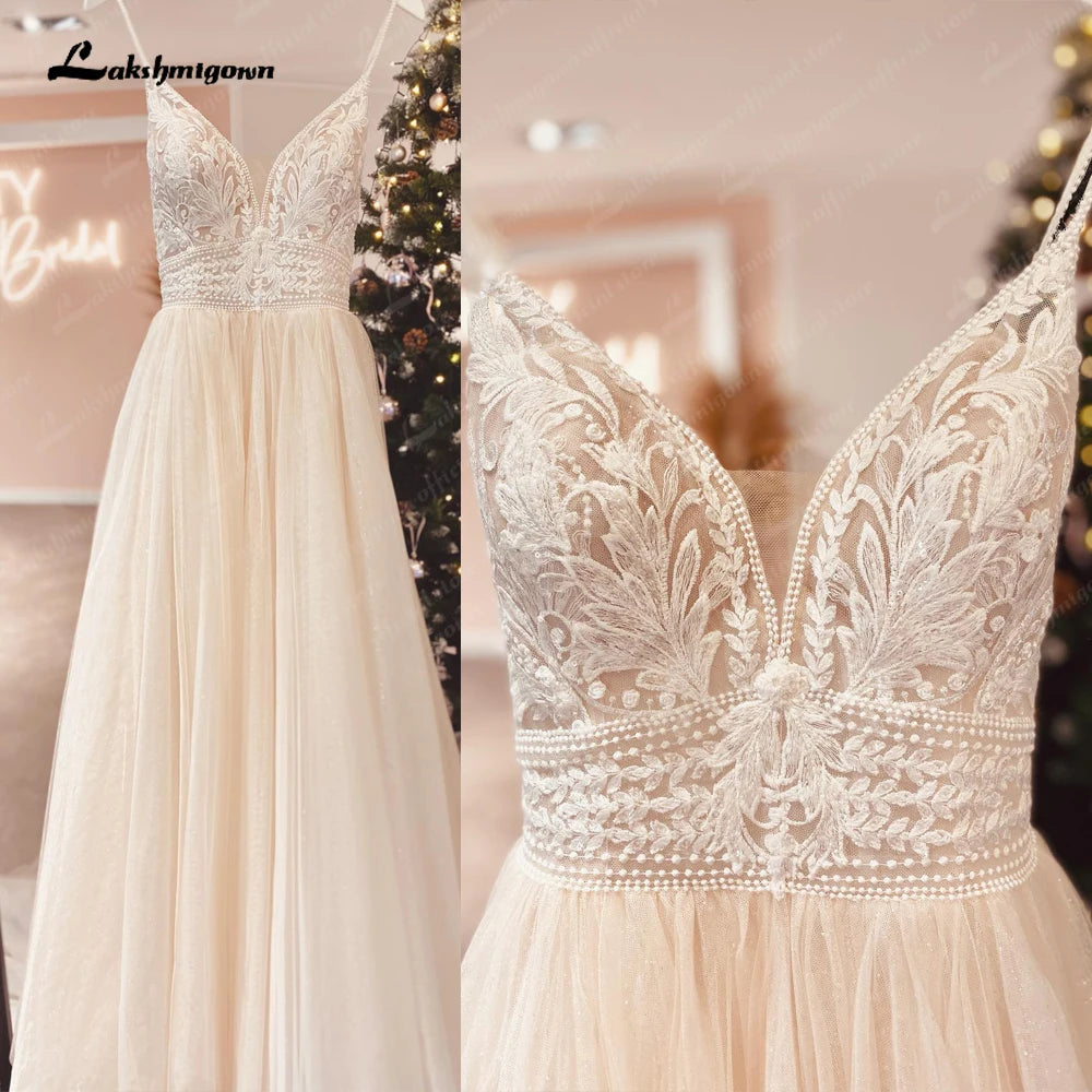 Custom Champagne Boho Wedding Dress For Women Spaghetti Strap Bridal Gown