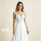 Womens Spaghetti Straps Deep V Backless Wedding Dresses Lace Appliques Chiffon Bridal Gown