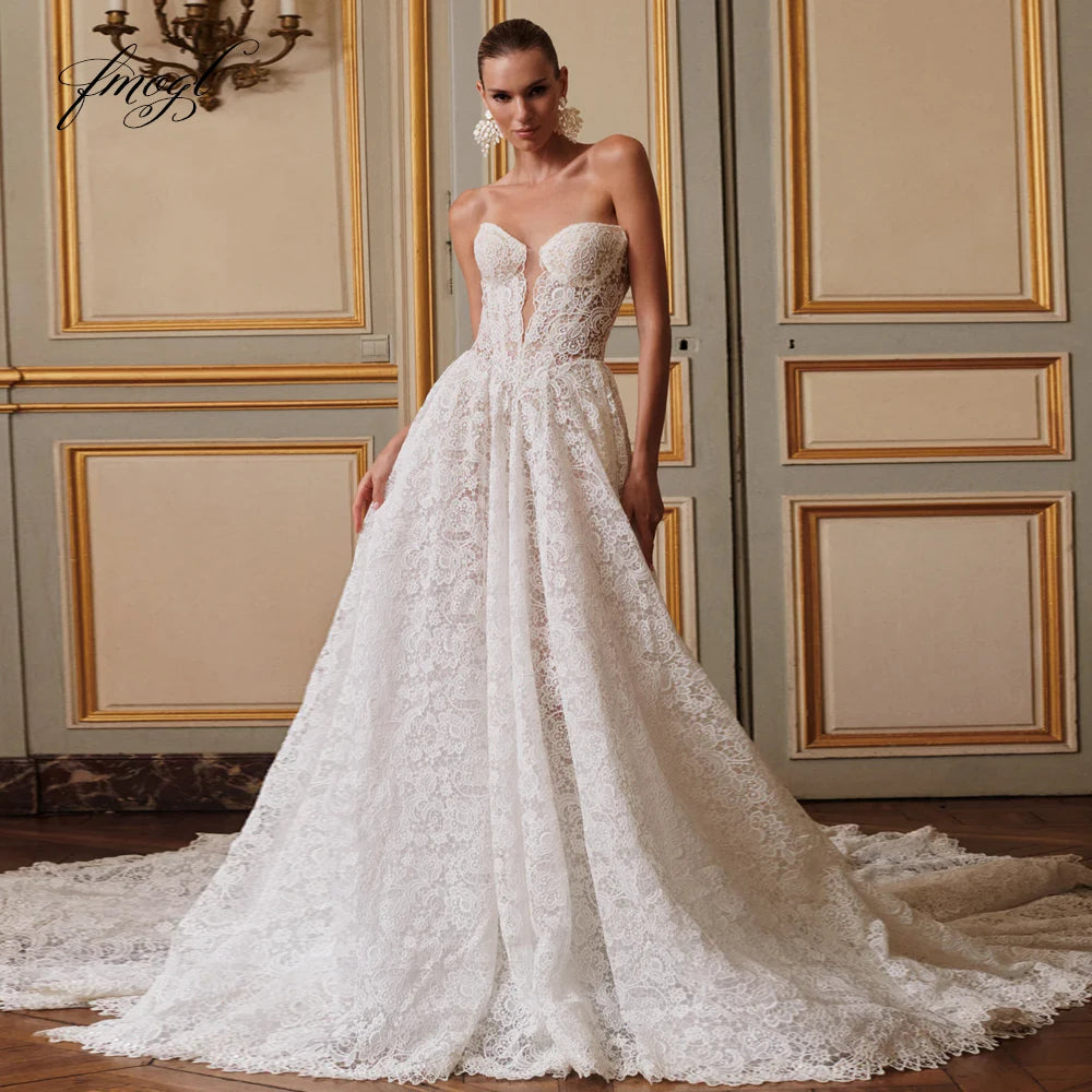 Custom Sweetheart Lace Off The Shoulder Backless Court Train Wedding Dress