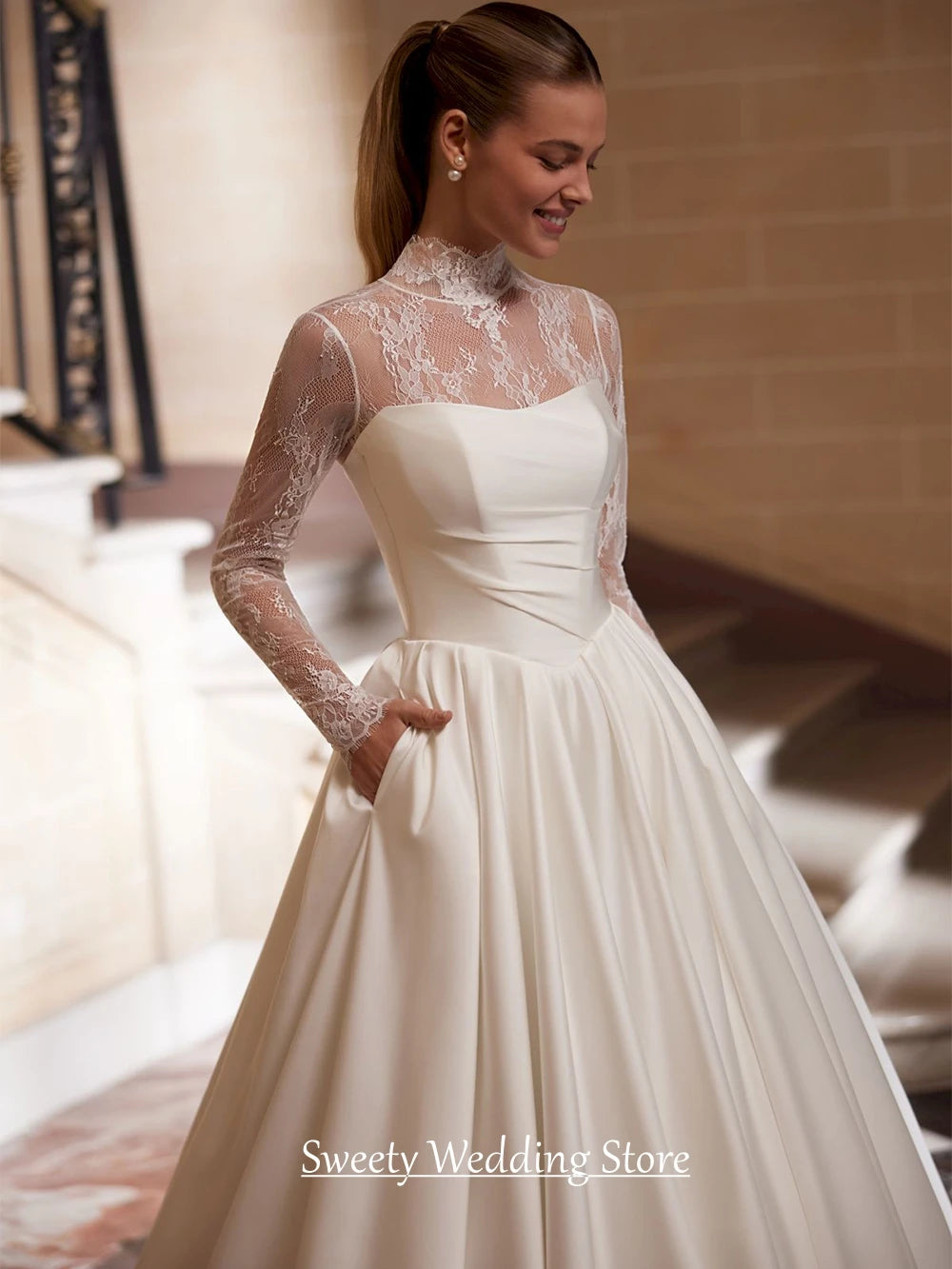 Custom High Neck Long Sleeves Lace Satin Bridal Gown With Sweep Train