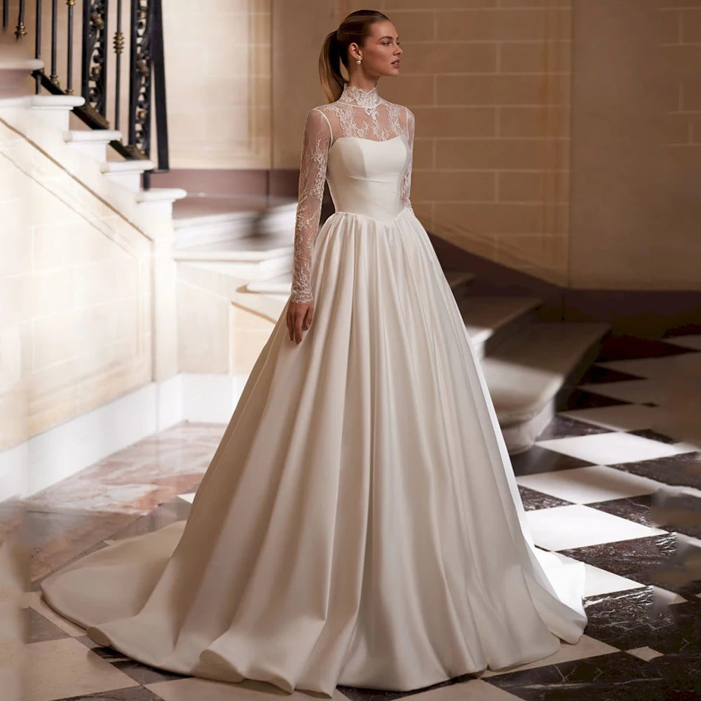 Custom High Neck Long Sleeves Lace Satin Bridal Gown With Sweep Train