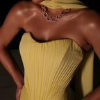Customized Yellow Strapless Pleated Ruched Bodice Cape Elegant Fitted Flowy Maxi Skirt Party Dresses robes de soirée 2025