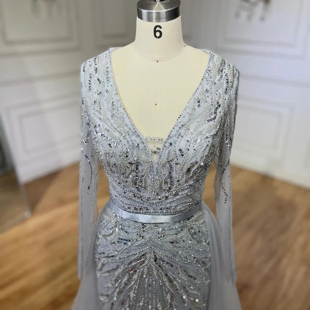 Custom Turquoise Mermaid Evening Dress Long Sleeve Beaded Gown