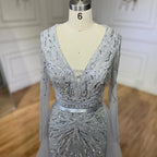 Custom Turquoise Mermaid Evening Dress Long Sleeve Beaded Gown