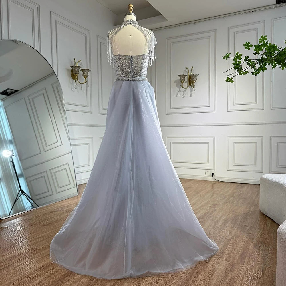 Nude Mermaid Tassel Beaded Evening Dress With Detachable Overskirt Custom