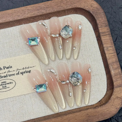 10 uñas postizas largas de ballet con purpurina, color champán, dorado, rubor francés, estilo ojo de gato, hechas a mano, con destellos de diamante. 