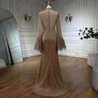 Nude High Neck Long Sleeves Feathers Mermaid Beaded Customized Evening Dress