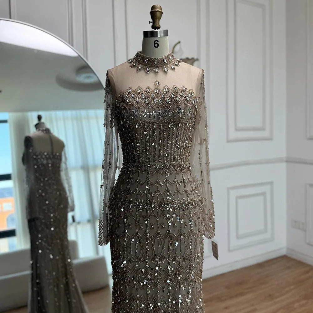 Serene Hill High Neck Beaded Mermaid Evening Dress For Muslim Wedding Gown
