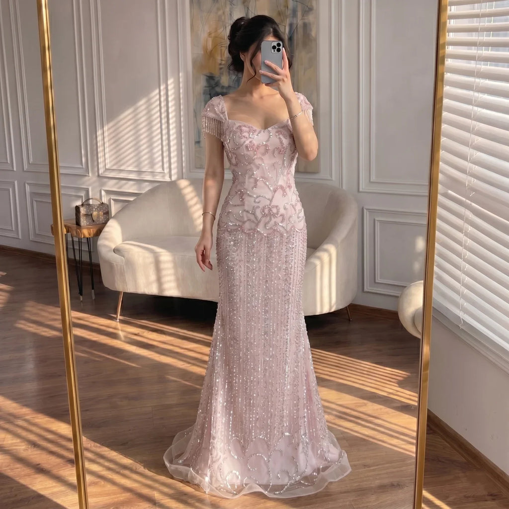 Pink Mermaid Beaded Evening Gown Customized Arabic Wedding Dress
