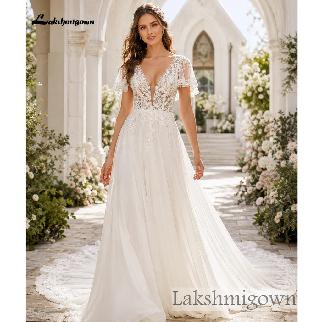 Custom Fit Deep V Neck Chiffon Wedding Dress With Lace Applique A Line Gown