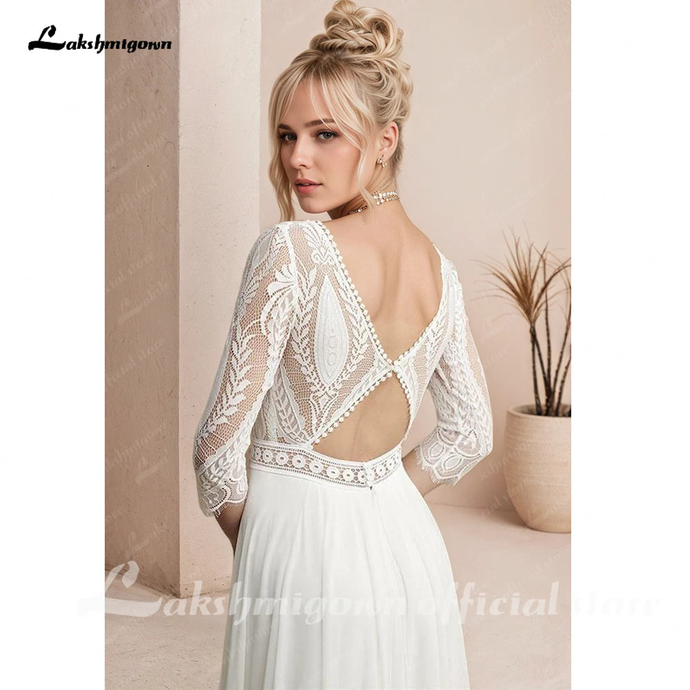 Custom Boho Bridal Gown Long Chiffon Beach Wedding Dress Open Back