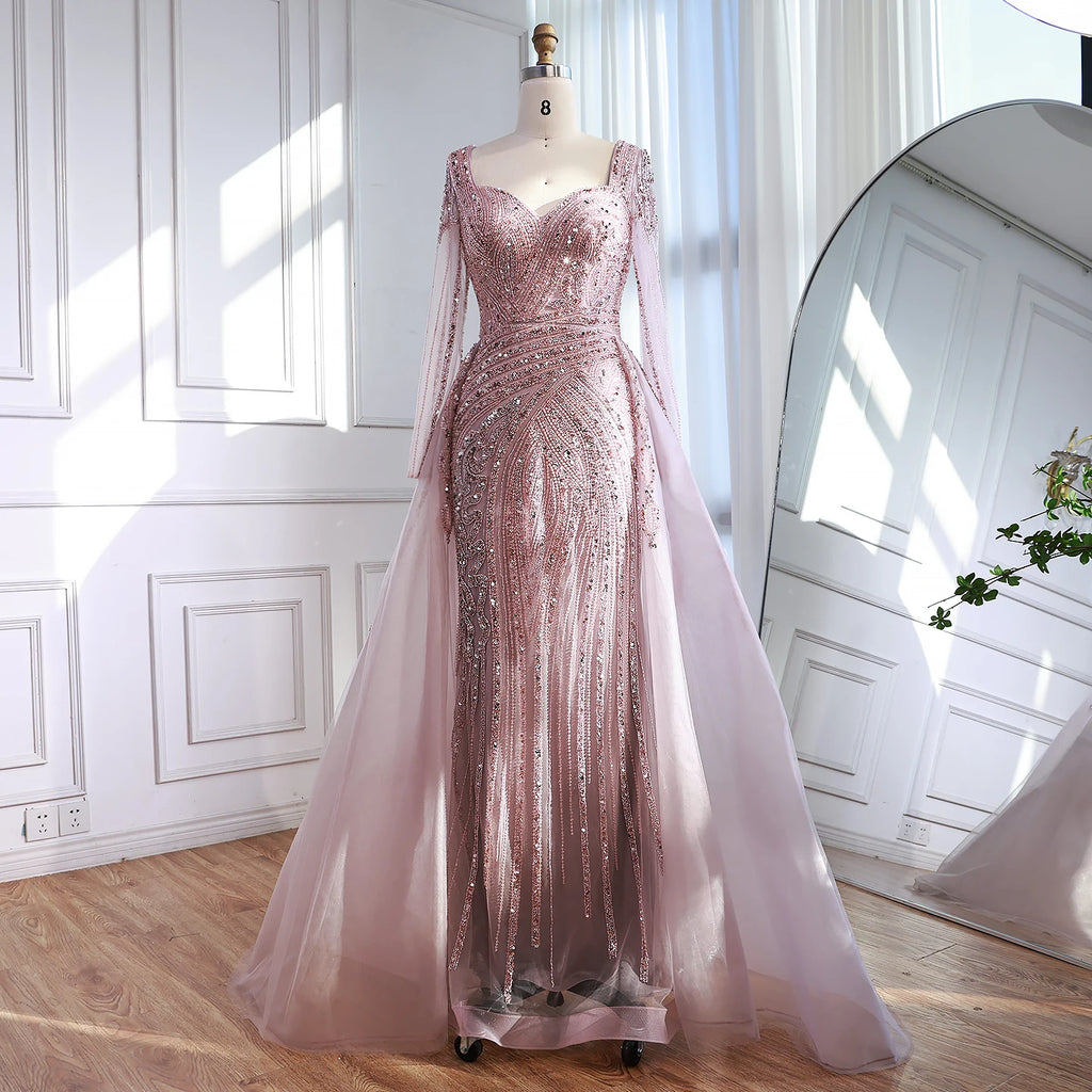 Custom Black Long Sleeve Beaded Evening Dress Overskirt Formal Gown Women