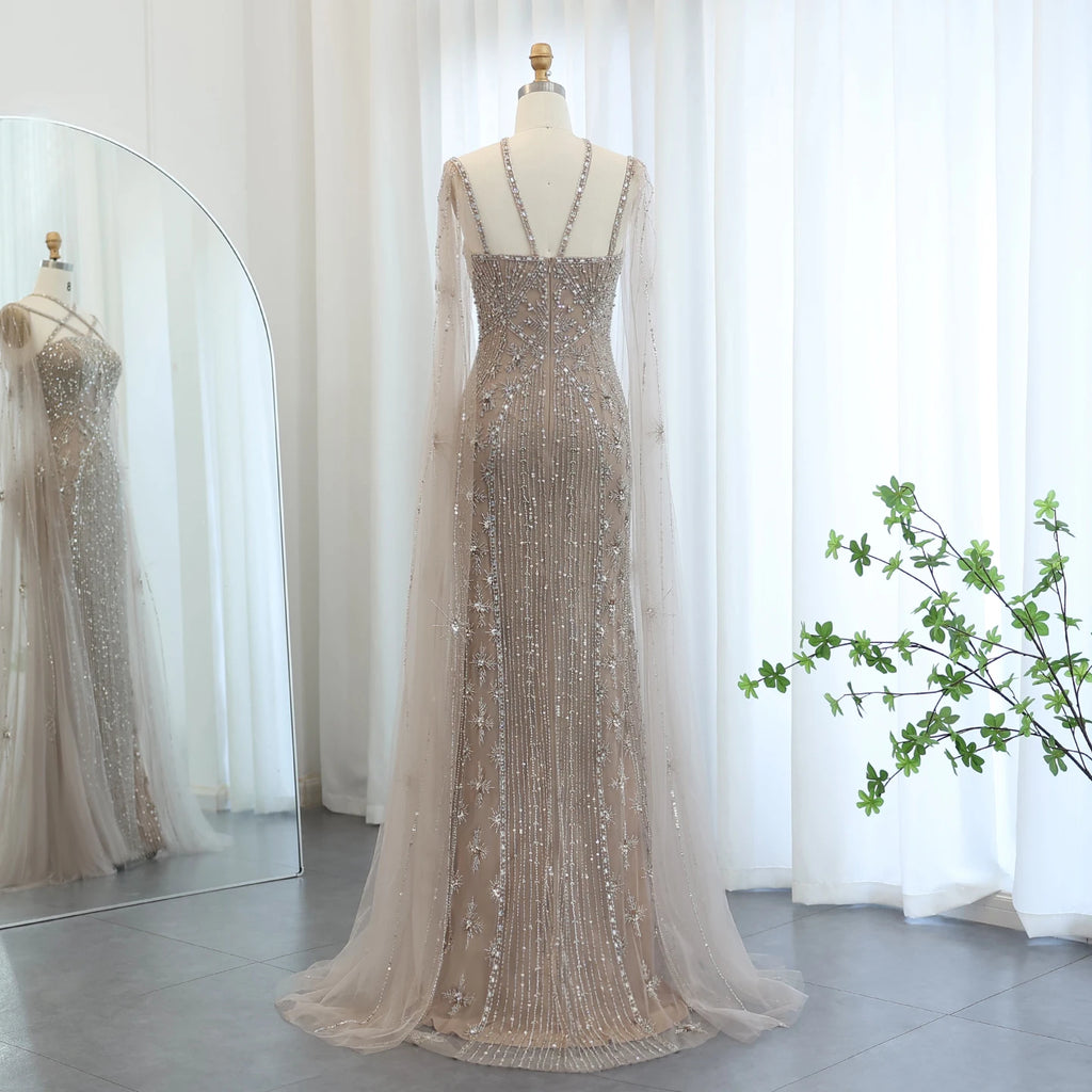 Sharon Said Luxus Dubai Aqua Flieder Meerjungfrau Abendkleid mit Umhangärmel und Überkreuzung Damen Hochzeitsfestkleid SS391 Maßgeschneidert