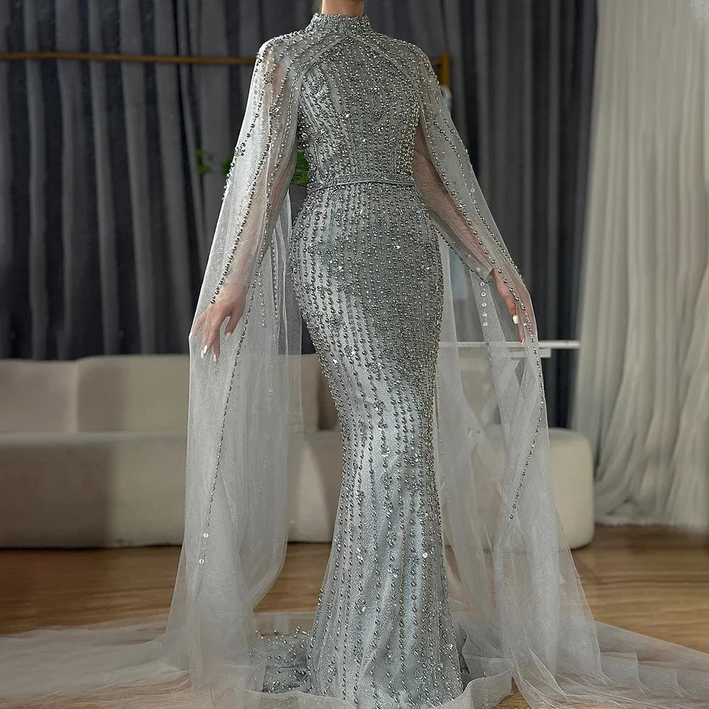 Custom Gray Mermaid Gown Cape Sleeves Beaded Pearls Elegant Evening Dress
