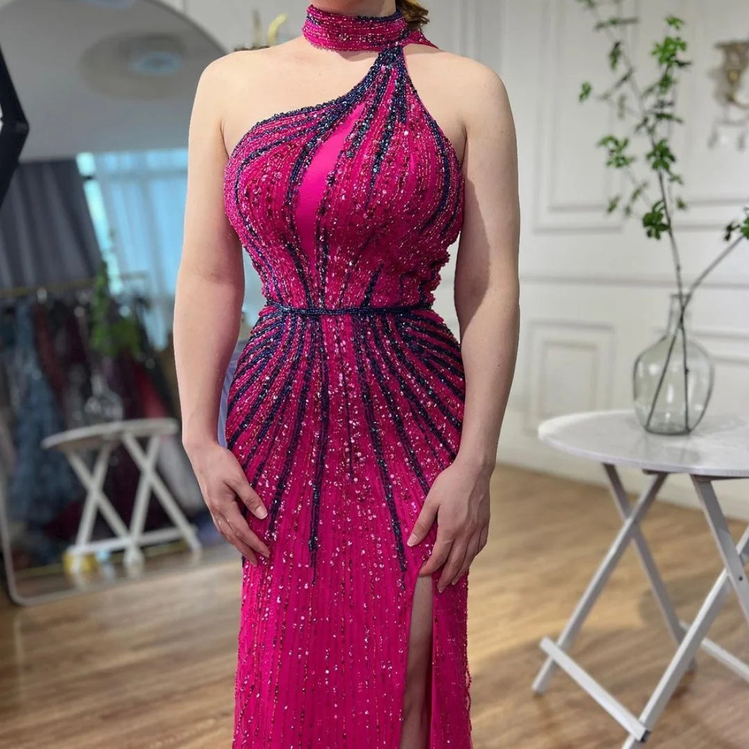 Green Halter Beaded Mermaid Evening Gown With High Split Custom Made For Women