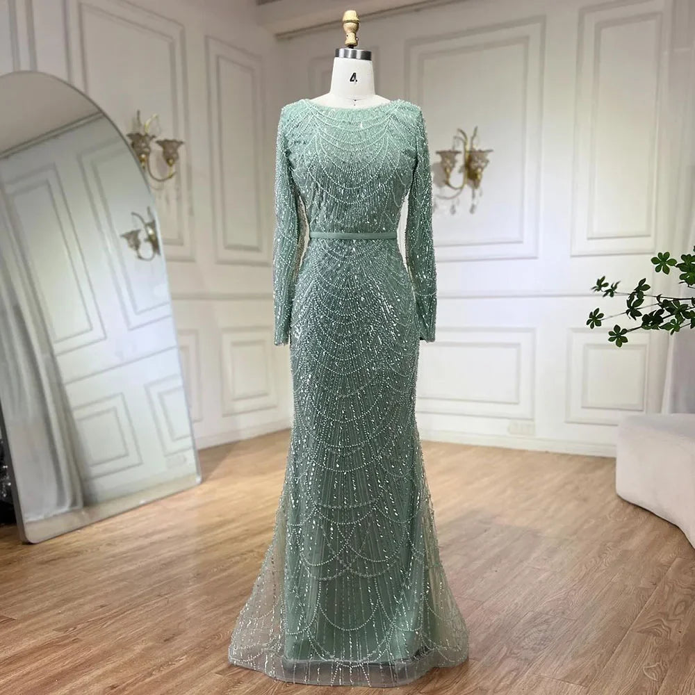 Serene Hill Custom Sage Green Long Sleeve Muslim Cape Evening Gown For Women