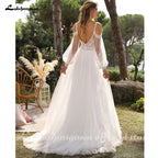 Custom A Line Bohemian Wedding Dress V Neck Puff Sleeve Lace