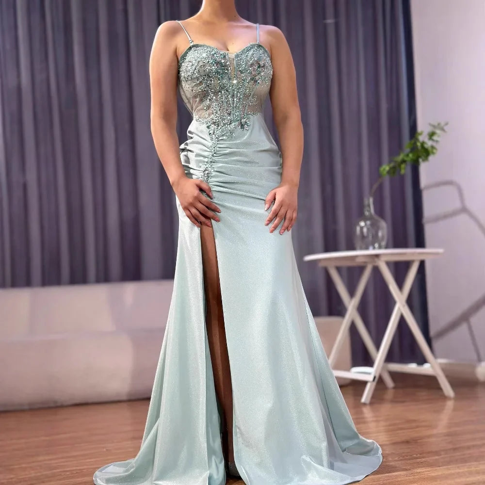 Classy Navy Satin Prom Dress with Lace Beaded and Slit LA73003