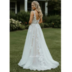 Custom A Line Lace Wedding Dress With Appliques Floor Length Bridal Gown