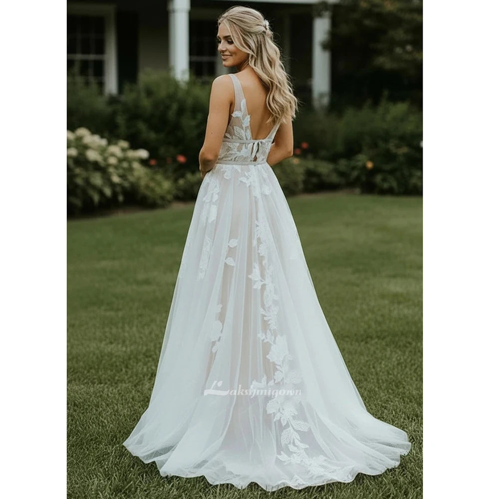 Custom A Line Lace Wedding Dress With Appliques Floor Length Bridal Gown