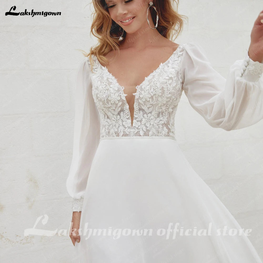 Custom Chiffon Wedding Dress V Neck A Line Bridal Gown With Puff Sleeves