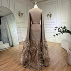Champagne Mermaid Cape Sleeves Beaded Satin Evening Gown For Party Custom
