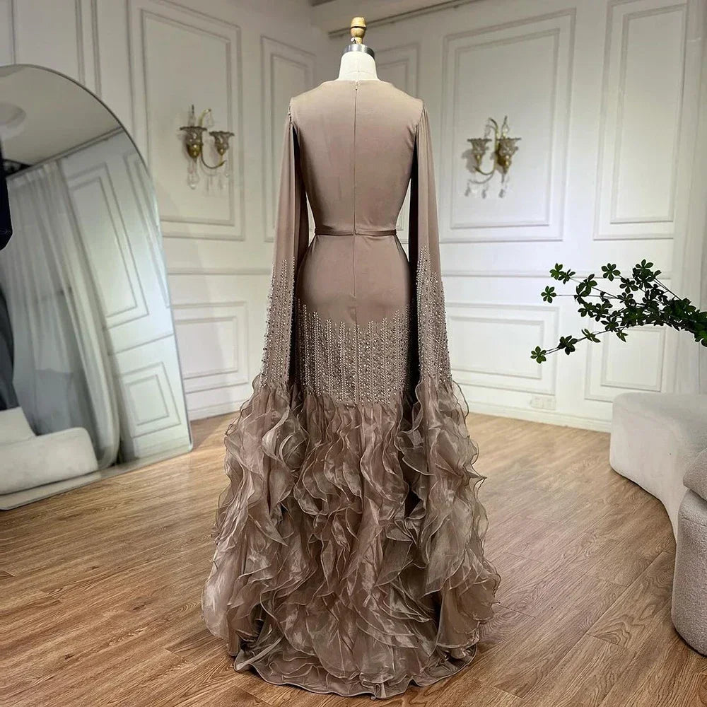 Champagne Mermaid Cape Sleeves Beaded Satin Evening Gown For Party Custom